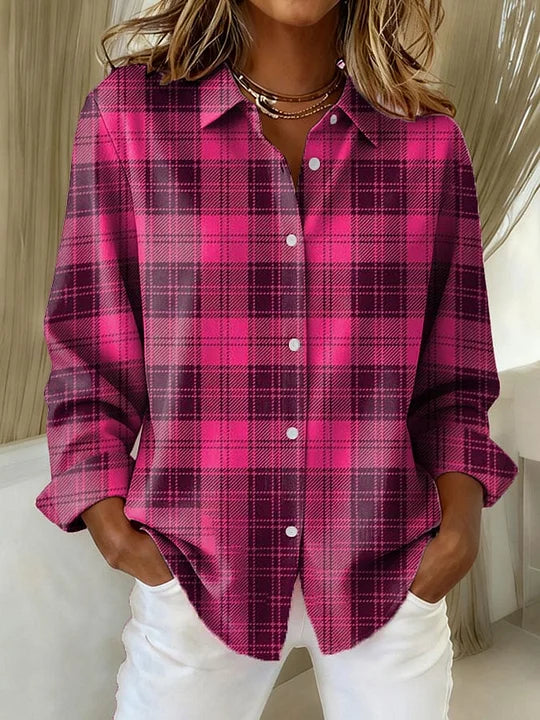 Clara Comfort Vintage Plaid Button-Down Shirt Loose Fit Long Sleeve