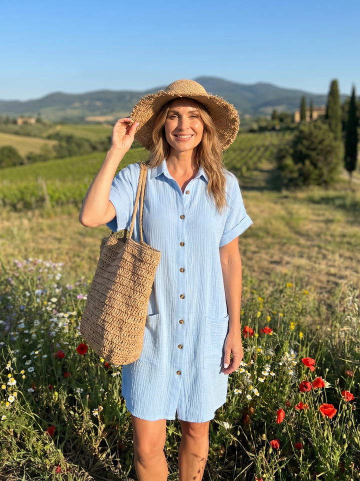 Lynn™ | Short Sleeve Front Pockets Knee Length Dress