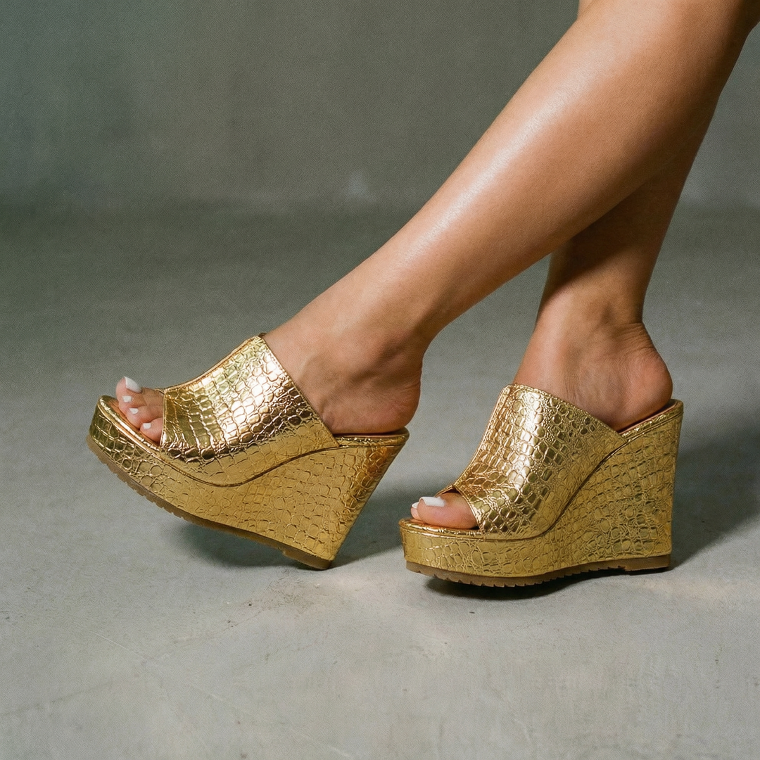 Elara™ | Luxe Shine Wedge Sandals